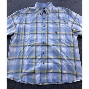 Bit & Bridle‎ Shirt Mens X-Large Blue Yellow Plaid Button Up Short Sleeve Pocket